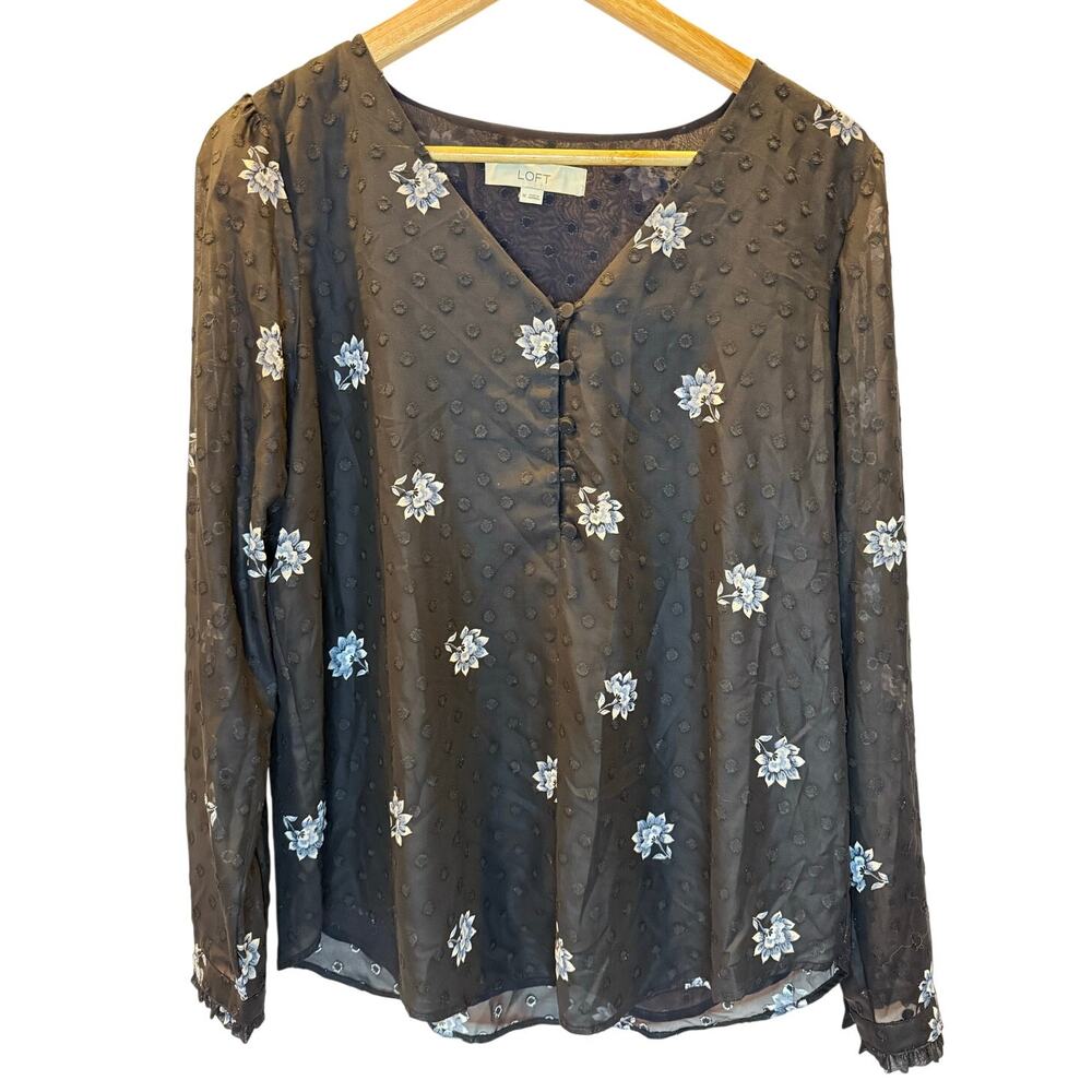 Loft Floral Blouse M Womens Black Swiss Dot Sheer Long Sleeve V Neck Popover